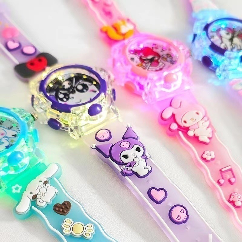 Sanrio Hello Kitty นาฬิกาการ ์ ตูน My Melody Kuromi สีสัน Luminous นักเรียนควอตซ ์ Pointer นาฬิกาดิจิตอลของขวัญวันหยุดสําหรับเด ็ ก