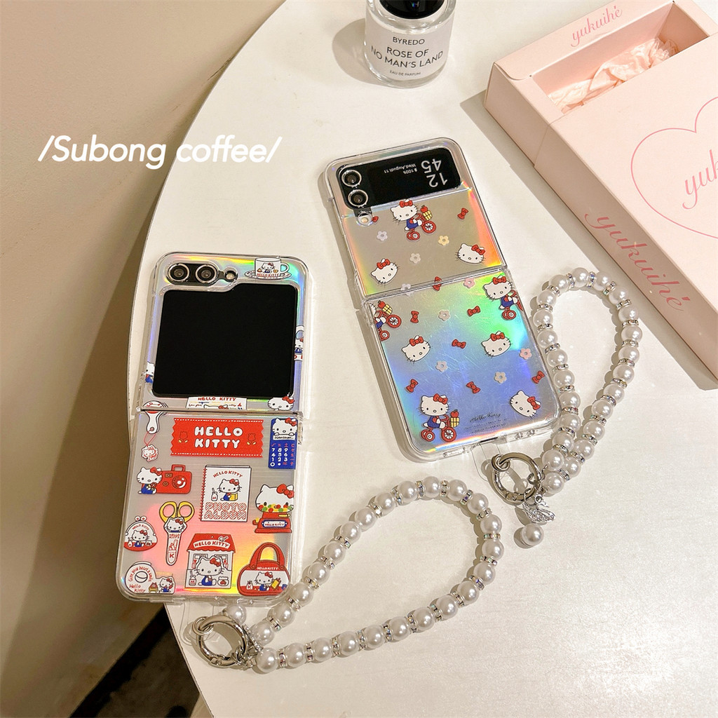 Flip6 Samsung Galaxy Z Flip 5 เลเซอร์น่ารักการ์ตูนจักรยาน hello Kitty พร้อมโซ่มุกเคส PC Samsung Galaxy Z Flip 3 Flip4 hard กันกระแทกโทรศัพท์ความคิดสร้างสรรค์ฝาครอบ