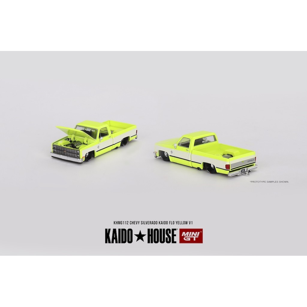 MINI GT No.112 Kaido House Chevrolet Silverado KAIDO Flo Yellow V1 KHMG112 Diecast model cars
