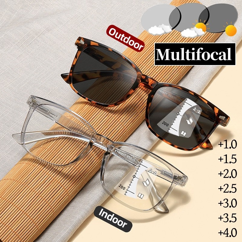 Photochromic Multifocal แว่นตาอ่านหนังสือ Progressive ผู้หญิงผู้ชาย 3 in 1 แว่นตากันแดดกลางแจ้ง Anti Blue Light ใกล้ Far แว่นตา