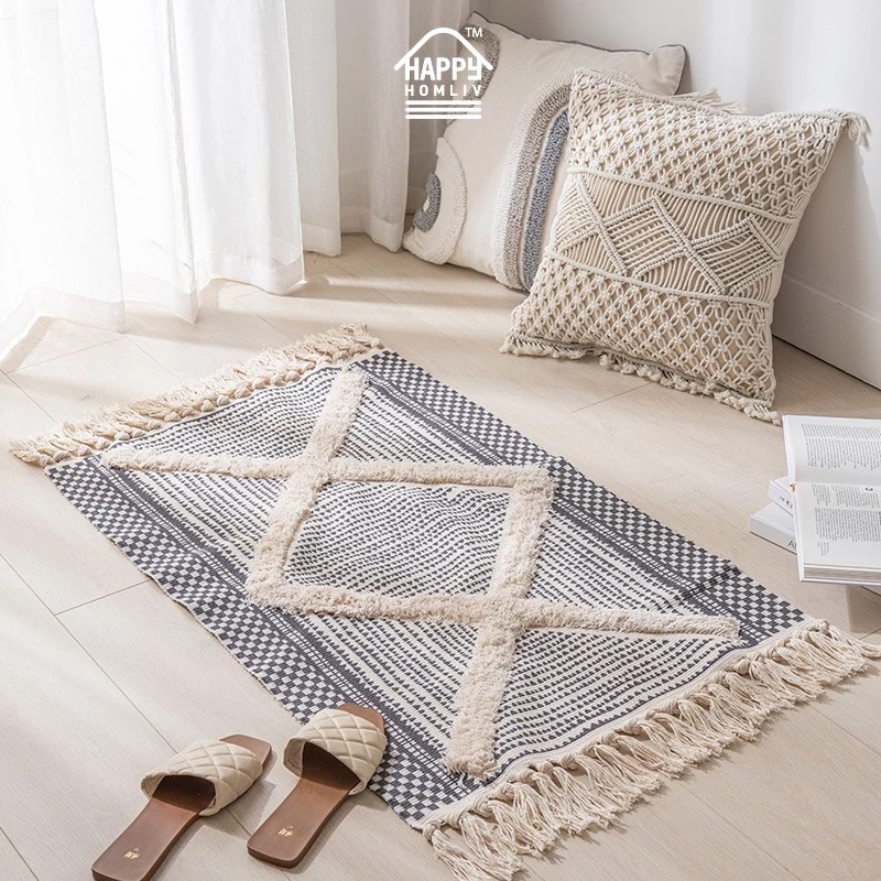 พรมเรขาคณิต Nordic Moroccan สีขาวดํา - รูปที่ 1