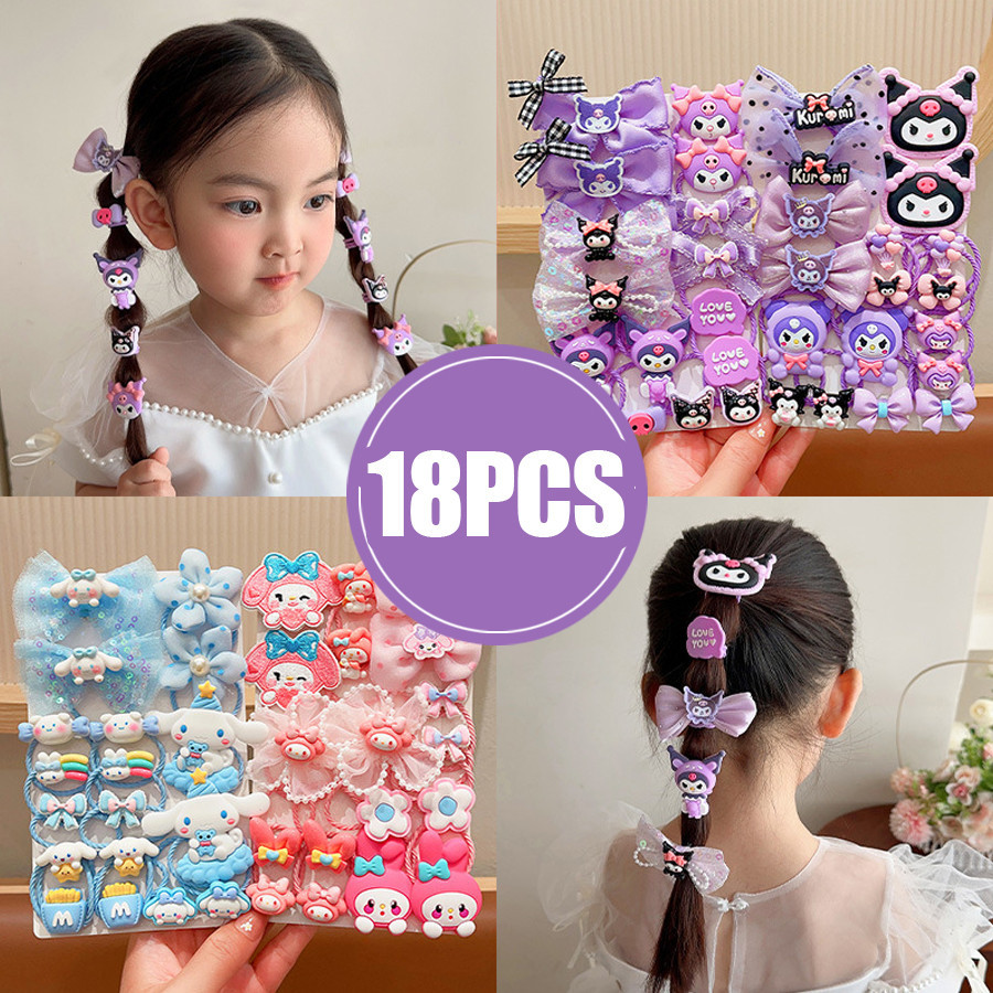 18 ชิ้น/เซ็ต Kawaii Sanrio ผม Ties อะนิเมะผมแหวนเครื่องประดับ Cinnamoroll My Melody Kuromi เชือกผมการ์ตูนอุปกรณ์เสริมสาวของขวัญ