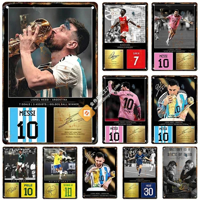 Messi Wall Decor ฟุตบอล Legends Art Prints Messi ลายเซ็นโปสเตอร์ Super Soccer Star เหล็กแผ่นจิตรกรรม