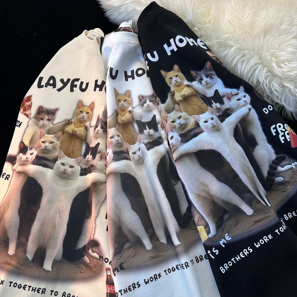 American Creative Fun Cat พิมพ์เสื้อยืดแขนสั้นผู้ชายผู้หญิงแฟชั่นอินเทรนด์ Hip-hop Oversize คู่ด้านบน