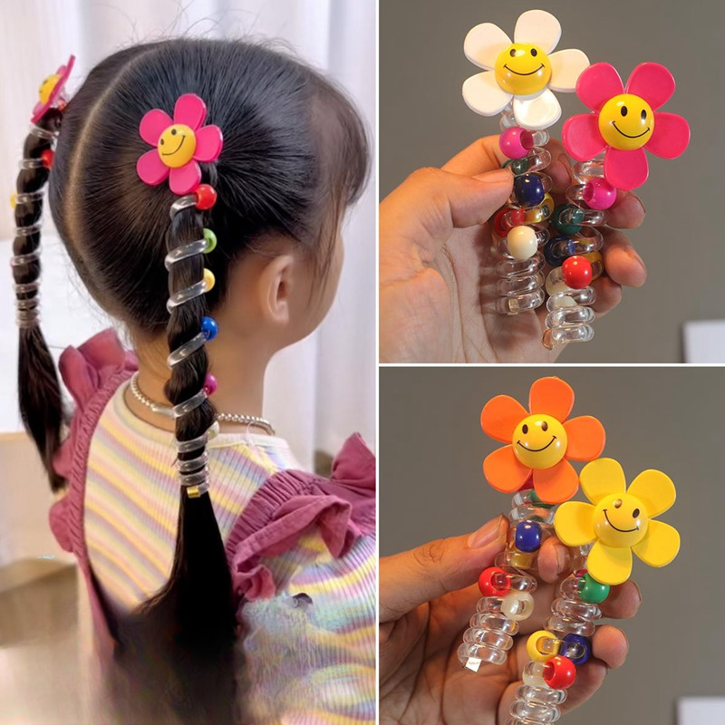ดอกทานตะวันที่มีสีสันสายโทรศัพท์ผูกผมสาวหวานน่ารักดอกไม้ถักเปียผมหางม้าสูงหัวเชือกอุปกรณ์ผมเด็ก