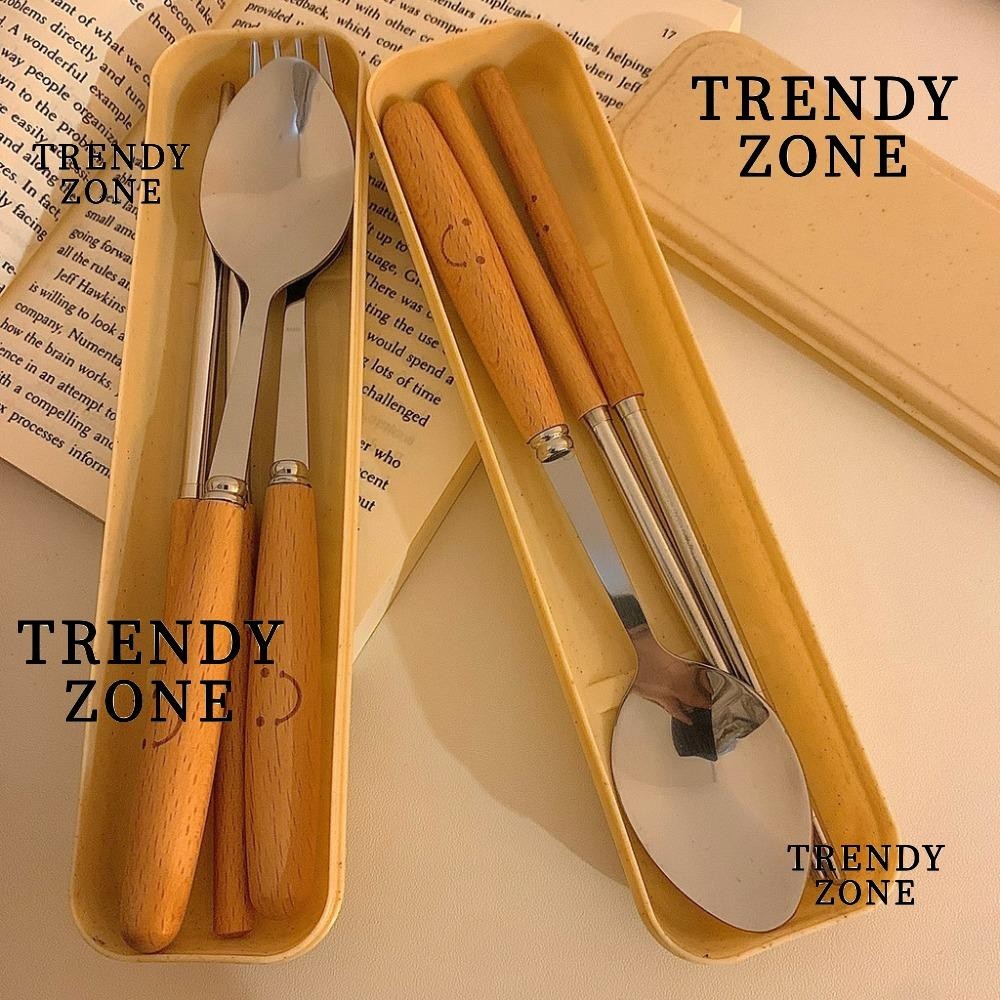 Trendyzone ชุดอาหาร, สแตนเลส 410 พร้อมกล่องกันฝุ่น ชุดช้อนส้อมตะเกียบ, ชุดช้อนส้อมด้ามไม้แบบพกพา เด็ก