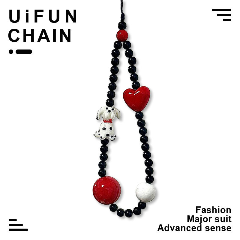 คุณภาพสูงน่ารัก Dalmatian สุนัข Red Love Heart ลูกปัด Handmade โทรศัพท์ Chain สายรัดข้อมือพวงกุญแจ Charm Chain String แขวนสายไฟกระเป๋าตกแต่งจี้