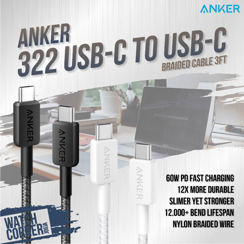 Anker 322 Cable Charger 60W 3A USB Type-C to C Nylon Cable 3FT - A81F5