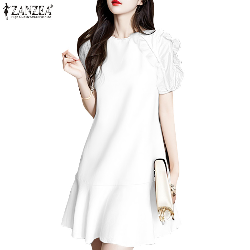 Zanzea ผู้หญิงอารมณ์เกาหลีไม้หูขอบ Splicing Raglan Sleeve ชุดเดรส A-Line ธรรมดา