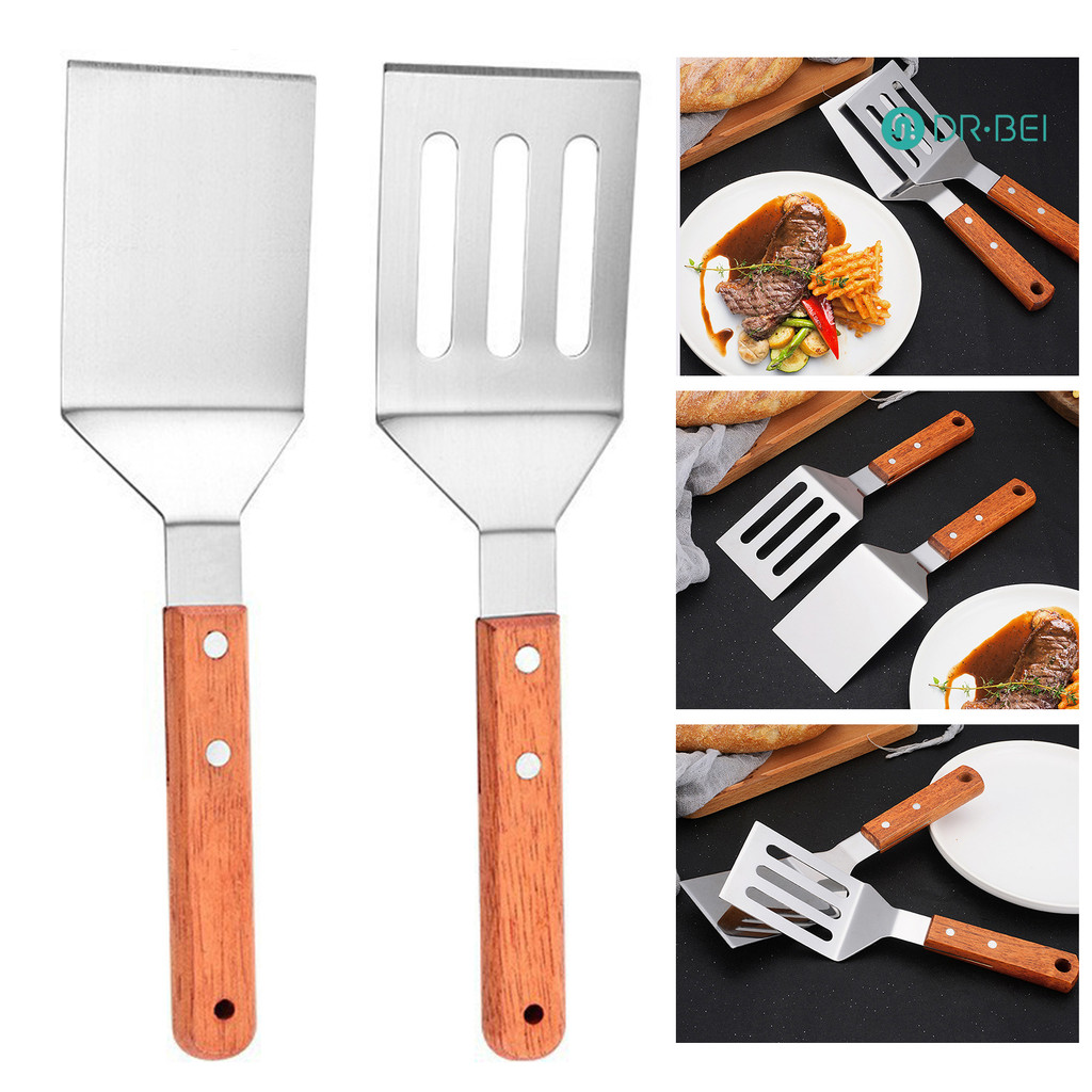 Dr.bei ชุดไม้พายทอดสแตนเลสพร้อมที่จับไม้ทนความร้อน Solid Turner Non Stick Slotted ไม้พายสําหรับทอดเบเกอรี่พลิกเปลี่ยน