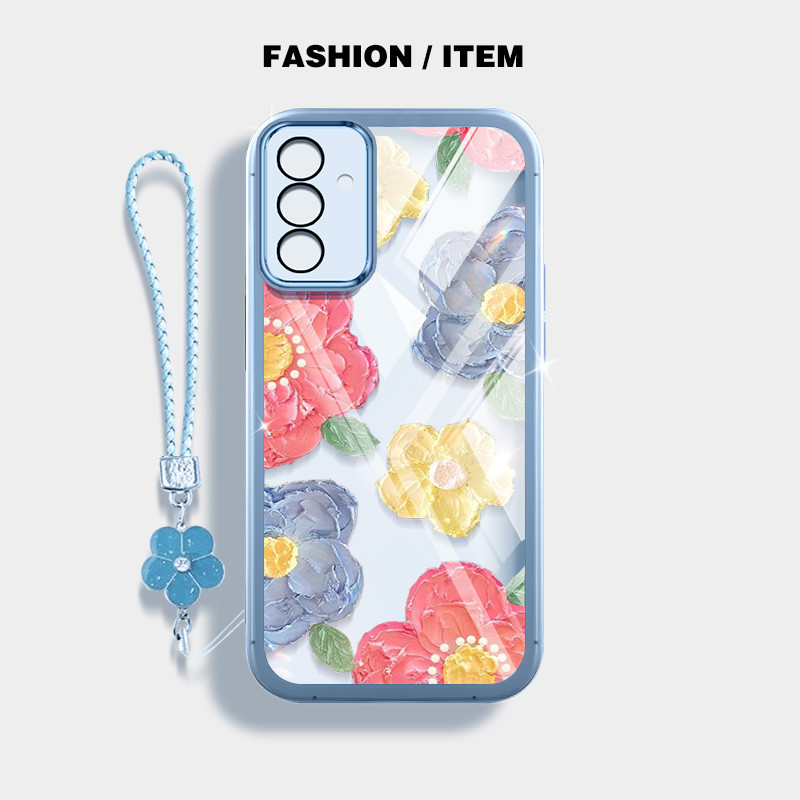 SAMSUNG สําหรับSamsung Galaxy A17 A55 A35 A25 A54 A34 A56 A36 A26 A16 5G A15 A14 A13 4G 5G A24 A04S 4Gภาพวาดสีน้ํามันดอกไม้โปร่งใสAnti Dropเคสโทรศัพท์พร้อมเชือกแขวนดอกไม้