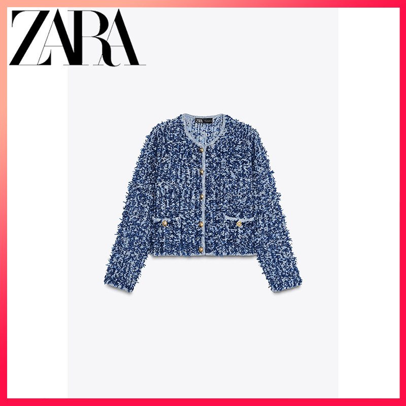 ZARA ซาร่า 25 ฤดูใบไม้ผลิสินค้าใหม่เสื้อสเวตเตอร์ถักสั้นคอกลมแขนยาวถักเป็นก้อนสําหรับผู้หญิง