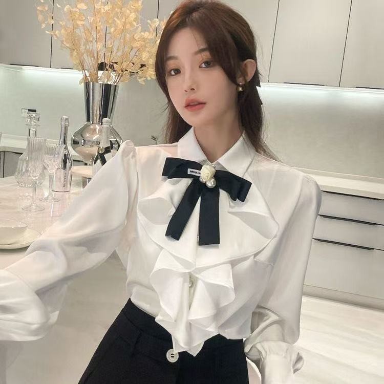 สไตล์เกาหลีผู้หญิงสุภาพสตรีหลวม Ruffle เสื้อแขนยาวเสื้อ Baju Wanita Lengan Panjang ใหม่
