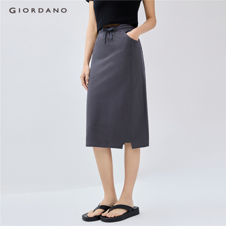 GIORDANO WOMEN 100% Cotton exposed seam elastic waist long skirt 13465315
