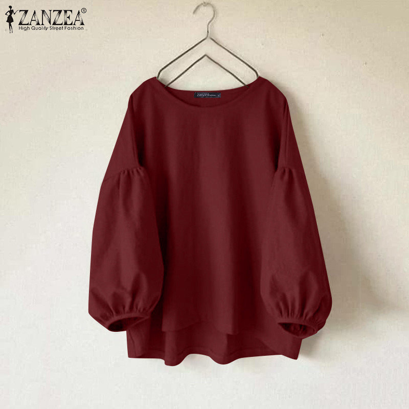 Zanzea ผู้หญิงเกาหลีลําลองคอกลมแขนโคมไฟเก้าแขนเสื้อด้านบน — صورة 6