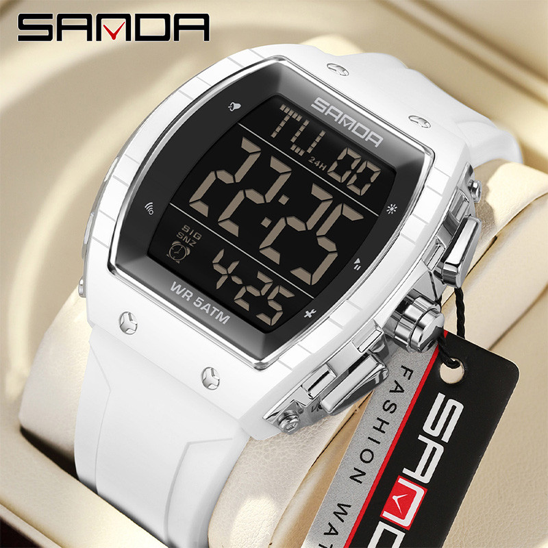 Sanda Wine Barrel นาฬิกาอิเล็กทรอนิกส์นาฬิกาปลุก Night Light กันน้ํา Multi functional นาฬิกาผู้ชาย SD6258-7