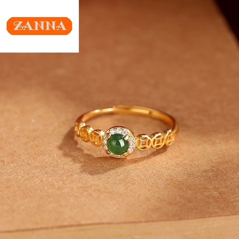 18K Saudi gold Pawnable Abundant Wealth แหวนชุดเพชรหยกธรรมชาติ