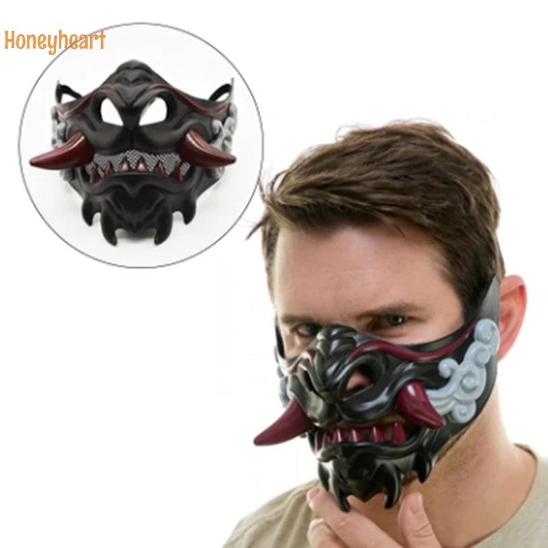 <Honeyheart> Half Face Red Prajnaparamita Mask Halloween Evil Devil Party Mask Demon Samurai Mask Masquerade Party Wear Accessories