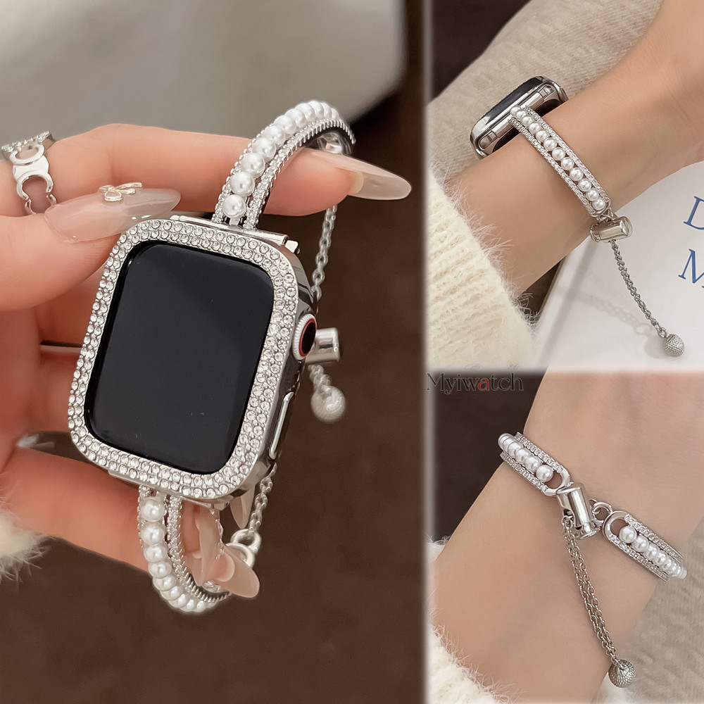 Band + กรณีluxury Pearl Rhinestone โซ่โลหะสําหรับ iWatch Series Ultra 10 9 8 7 6 SE 5 4 3 2 1 สุภาพสตรีประณีตสายรัดข้อมือสําหรับ iWatch Band 49 44 มม.42 มม.45 46/41/40 มม.38