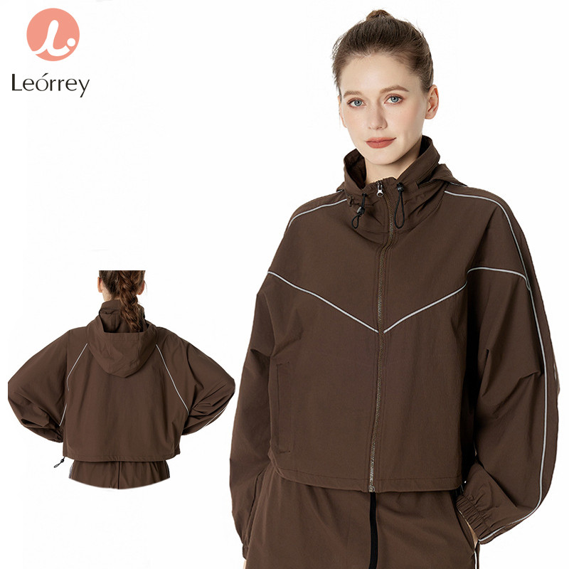 Leorrey-เสื้อแจ็คเก็ตสปอร์ตกันลม แห้งเร็ว ซิปเต็มตัว ครอป ลำลอง โยคะ วิ่ง ฟิตเนส ชุดกีฬา