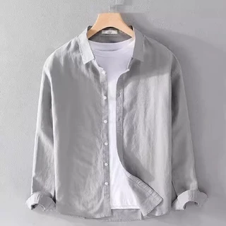 M-3XL เสื้อเชิ้ตผู้ชาย ผ้าฝ้าย และผ้าลินิน สีขาว แฟชั่นฤดูร้อน เสื้อผู้ชาย