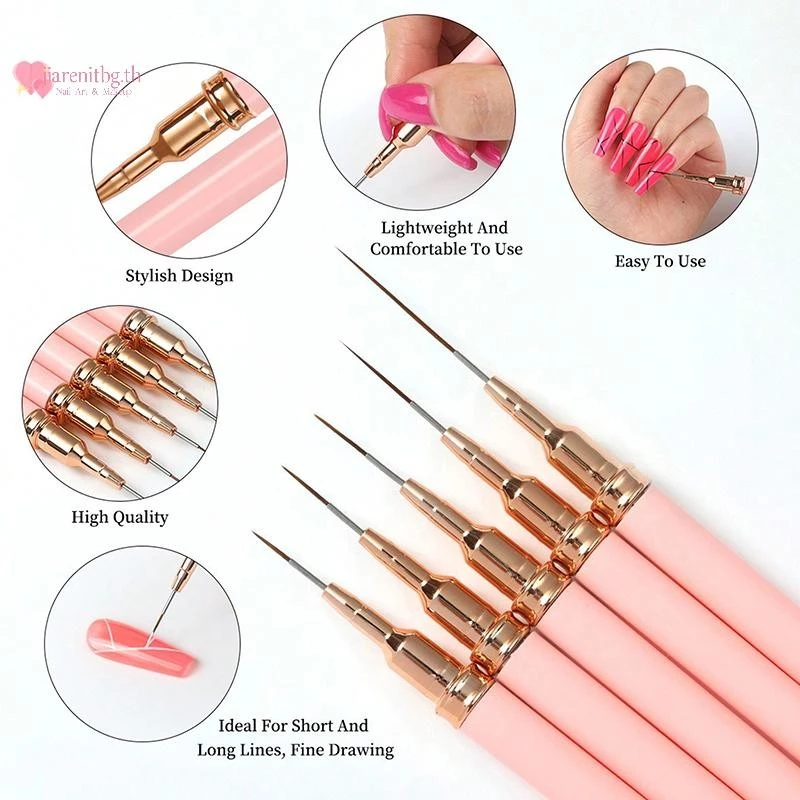 RENBG 5 ชิ้นเล็บ Liner ชุดแปรง UV เล็บเจลชุดภาษาฝรั่งเศสคํา Stripe Line ภาพวาดวาดดอกไม้ปากกาเล็บเครื่องมือ TH
