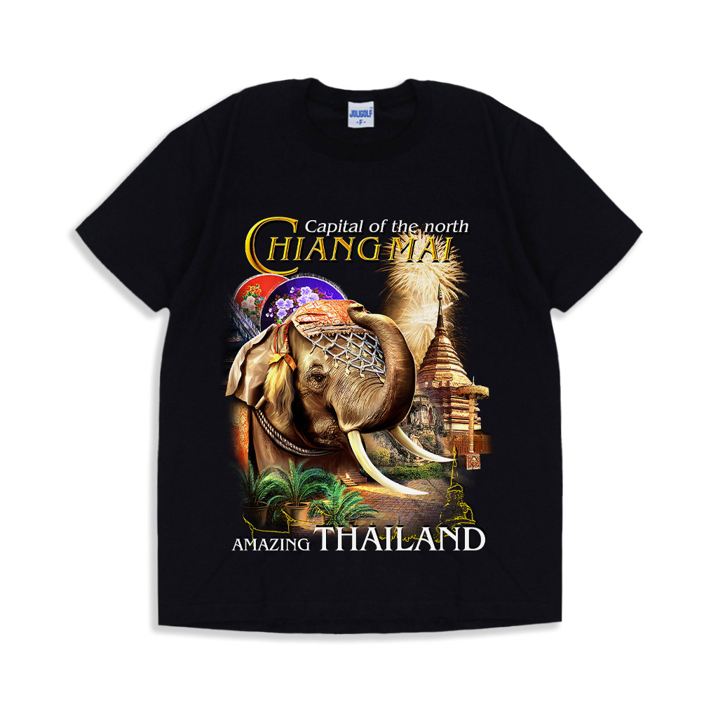 เสื้อยืดสีดำสกรีนลายช้าง  souvenir  ของฝากต่างชาติ  COTTON แท้100% made in Thailand S-5XL เสื้อยืดพิมพ์ลาย