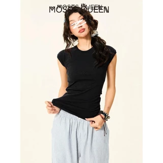< MOSESQUEEN > อเมริกันย้อนยุคสีทึบเสื้อยืดแขนสั้นบางหญิงฤดูร้อนสาวร้อนสลิมแขนบินขนาดเล็กสั้นด้านบน #62847