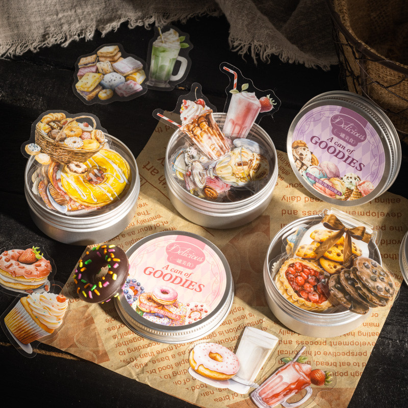 กล่องอลูมิเนียม 100 ชิ้น/ถุง พร้อมสติ๊กเกอร์ ขนมปังโซดา คุกกี้ รูปแบบขนม สติ๊กเกอร์ขนาดเล็ก สร้างสรรค์ DIY การ์ดอวยพร ถ้วยของขวัญ กล่องเก็บของ แผ่นบันทึก สติ๊กเกอร์ตกแต่ง