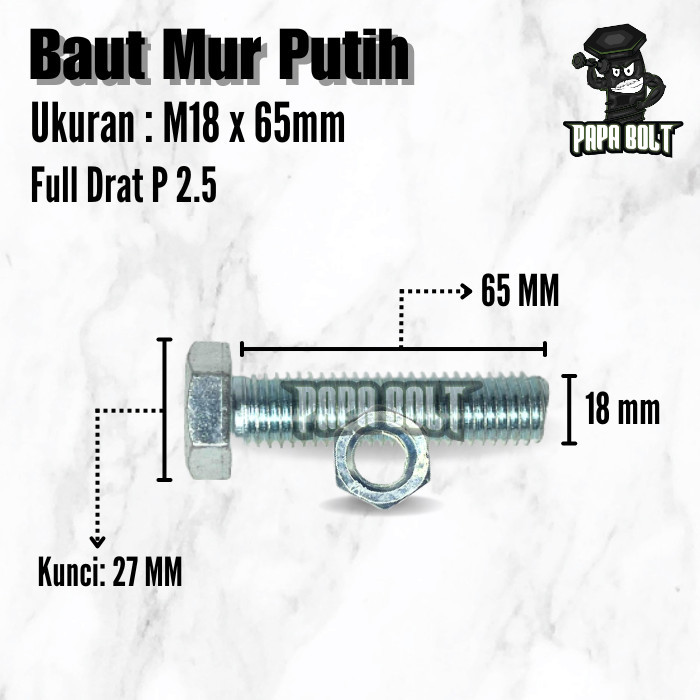 สลักเกลียวน็อตหกเหลี่ยมชุบสังกะสีสีขาว BMP Hex M18x65 / 18x65 18 มม. กุญแจ 27