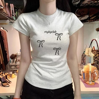 เสื้อยืดแขนสั้นผู้หญิงรุ่นใหม่พิมพ์ลายโบว์ น่ารัก และเซ็กซี่ สีเทา ไหล่หน้า ทรงสลิมฟิต