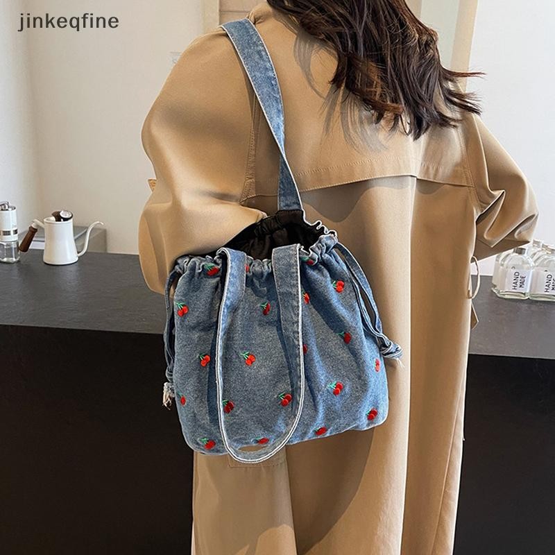 KTH กระเป๋าถือแฟชั่นลายดอกไม้วินเทจ ความจุใหญ่ สะพายไหล่ Tote Denim พกพาสะดวก สําหรับสุภาพสตรีและช้อปปิ้ง