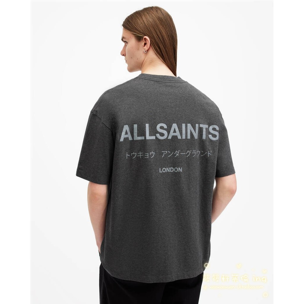 Allsaints Mens Oversize Letter LOGO เสื้อยืดแขนสั้นผ้าฝ้ายพิมพ์ลาย - รูปที่ 3