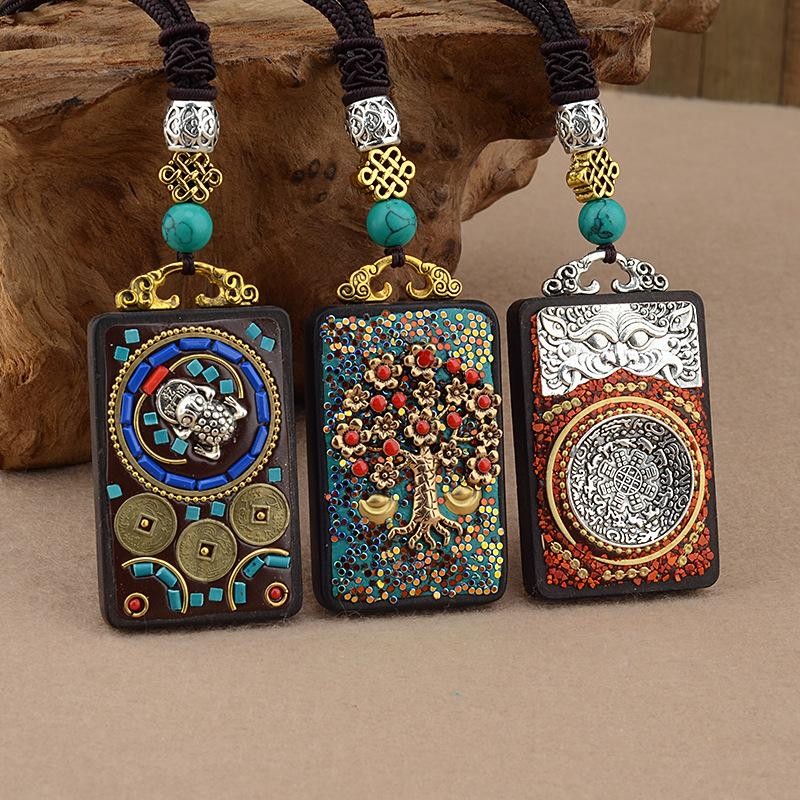 สร้อยคอ Thangka Ebony ธรรมชาติชาติพันธุ์ลม Nafu จี้ 70 ซม