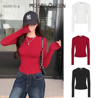 MOSESQUEEN อเมริกัน บาง พอดี เสื้อยืดแขนยาวสําหรับผู้หญิง ฤดูร้อนสไตล์ใหม่สาวเผ็ดเสื้อฐานสั้นสีทึบไหล่ปกเสื้อด้านบน #62220-62145