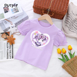 เสื้อยืดเด็กผู้หญิง Kuromi3D โบว์พัฟแขนเสื้อ GOTS ได้รับการรับรองผ้าฝ้ายอินทรีย์ Princess Tee