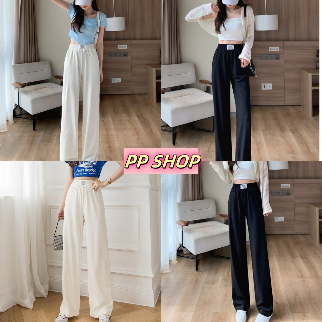 💜PP SHOP💜พร้อมส่งกางเกงขายาว กางเกงลำลอง เอวสูง เอวสม๊อค สีพื้นใส่สบาย ผ้าพริ้วทิ้งตัว กางเกงขาว กาง