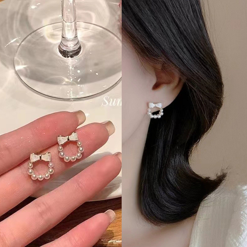 S925 เข็มเงินแฟชั่น Classy Bow ต่างหูมุกหญิง Little Sweet All-Match ต่างหู