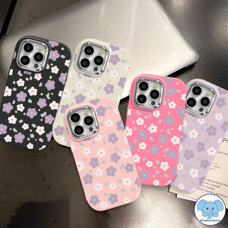 น่ารักลูกอมสีม่วงสีขาวดอกไม้หรูหราชุบโลหะฝาครอบเลนส์ iPhone 11 16 15 7Plus 16 13 14 12 Pro Max 7 8 Plus X XR XS Max SE