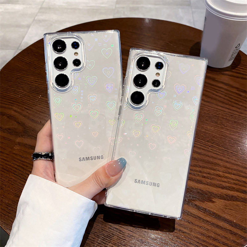 Luxury Glitter Gradient สี Love Heart เลเซอร์สําหรับ Samsung Galaxy S22 S23 S24 FE S25 Plus Ultra A06 A16 A26 A36 A56 A14 A25 A34 A54 A15 A35 A55 5G ซิลิโคนนุ่ม