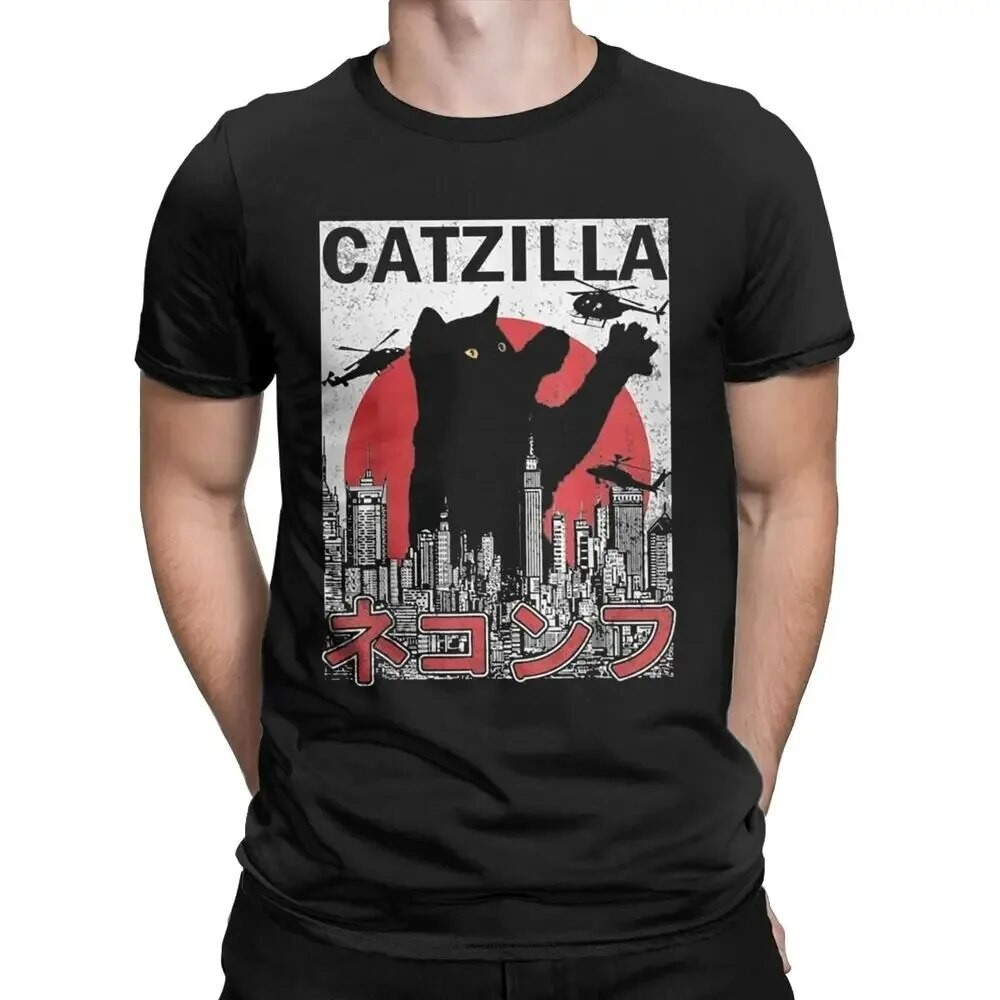 Catzilla ตลกแมวผู้ชายแขนสั้นเสื้อยืดคู่แมวญี่ปุ่นสบายๆเสื้อยืดหลวมเสื้อยืด S-5XL