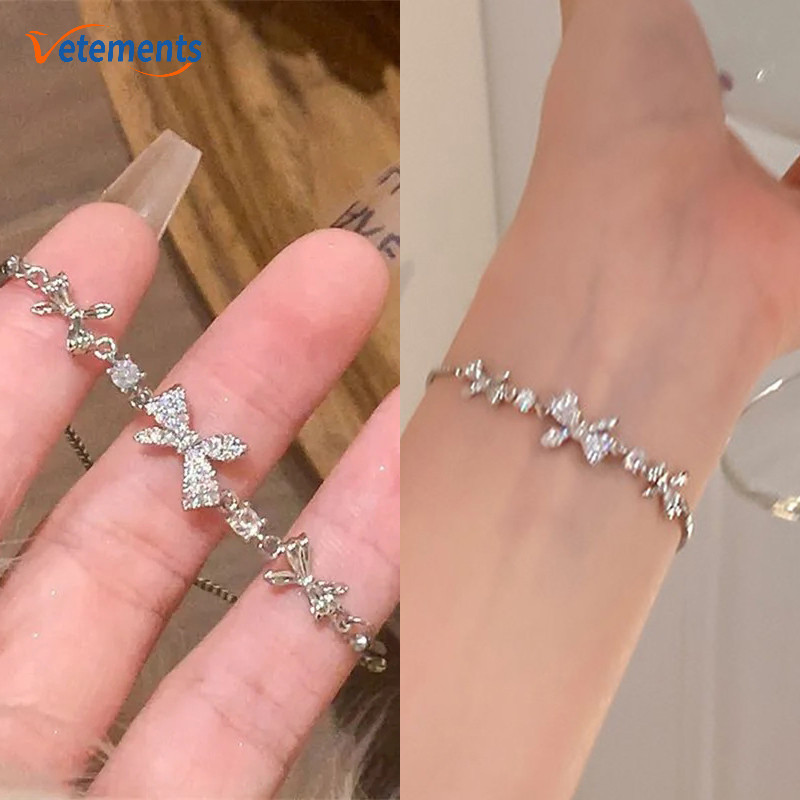เครื่องประดับ สร้อยข้อมือ ประดับโบว์ เพทาย Y2K สามารถปรับได้ เหมาะกับของขวัญปาร์ตี้ สําหรับผู้หญิง