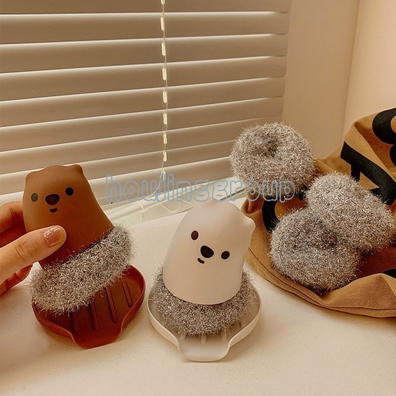 แปรงขัดหม้ออะคริลิค ด้ามจับหมีน่ารัก พร้อมชั้นวางระบายน้ํา สําหรับทําความสะอาดหม้อเหล็ก เครื่องมือห้องครัว