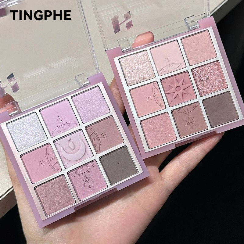 TINGPHE อายแชโดว์ อายแชโดว์พาเลทสตาร์และมูนคอมพาส เก้าสี ความอิ่มตัวต่ำ อายแชโดว์เนื้อแมตต์ กลิตเตอร์ สีเทา สีชมพู และสีม่วง