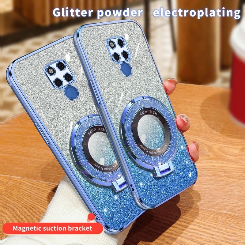 Huawei Mate 20 Pro 20X X เคสแฟชั่น นิ่ม ใส กลิตเตอร์ ชุบ ฝาหลัง พร้อมขาตั้งวงกลม