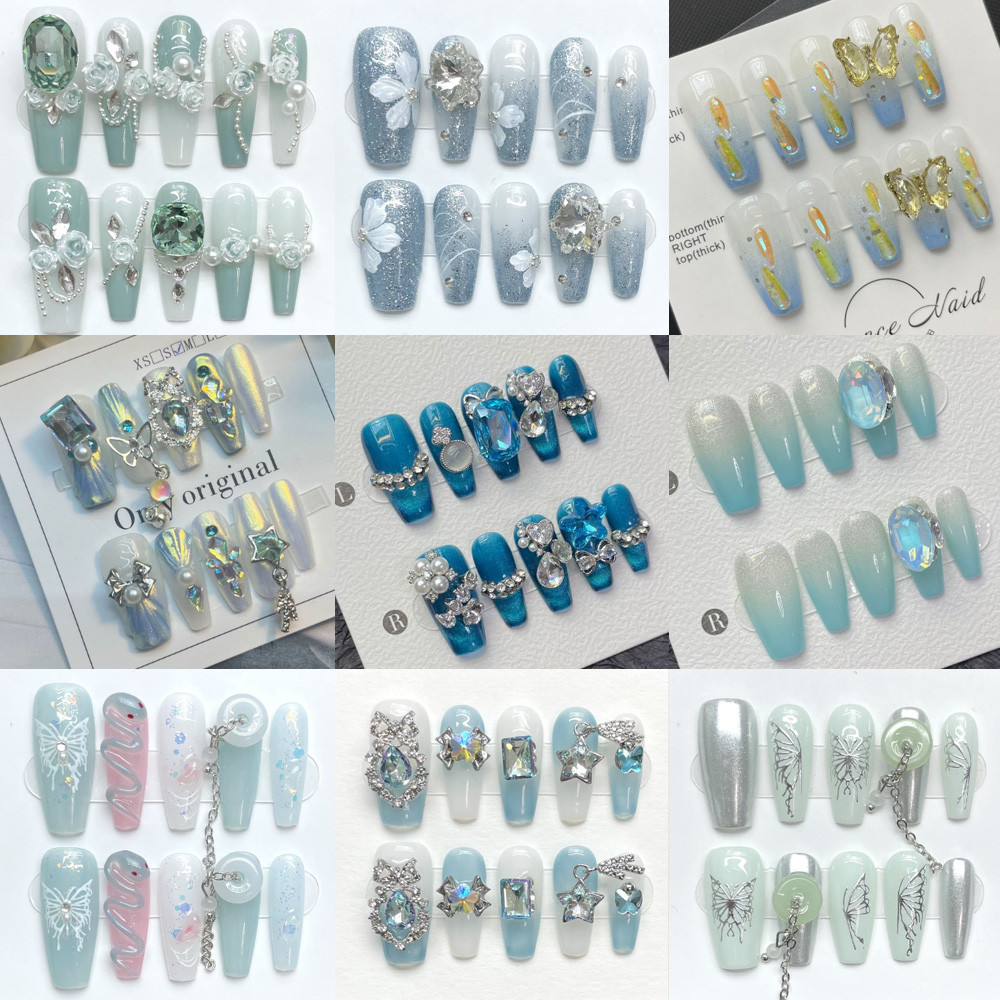 100 % HANDMADE โลงศพรูปเล ็ บประดิษฐ ์ สีเขียวสีฟ ้ าน ้ ําแข ็ งเพชรเต ็ ม Camellia Gradient Chain อเนกประสงค ์ ใหม ่ สไตล ์ จีน Phototherapy เล ็ บนํามาใช ้ ใหม ่ และถอดเล ็ บ