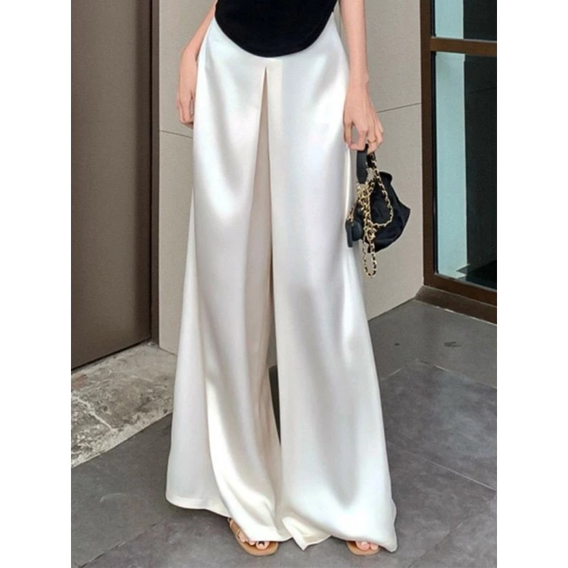 แฟชั่นซาตินสีขาวขากว้างผู้หญิงสไตล์ใหม่ตรง สุด ๆ สวย ผ้าม่าน ชั้น ถูพื้น กางเกง