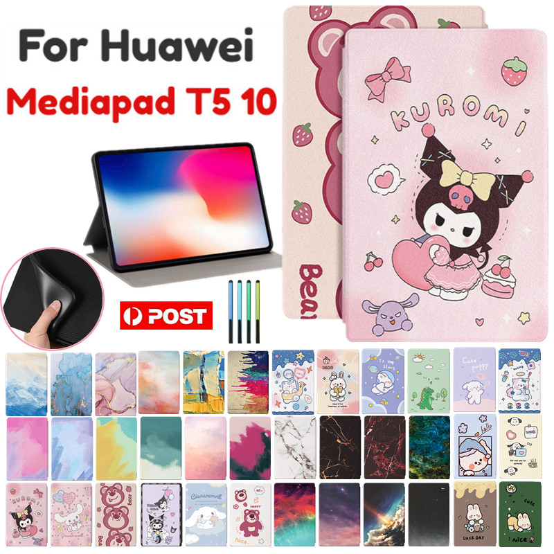 สําหรับ Huawei Mediapad T5 10.0 (10.1 นิ้ว) Kuromi Melody Labubu Crayon Shin Chan น่ารักการ์ตูนรูปแบบหนัง + TPU แฟชั่นขาตั้งแท็บเล็ตป้องกันกรณี