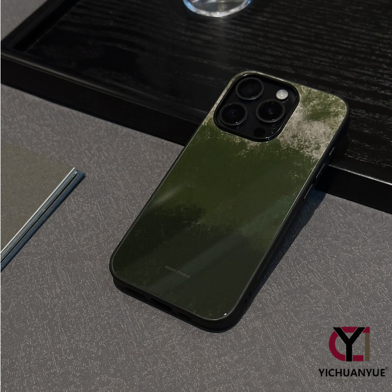 สำหรับ iPhone 13 12 14 11 15 Pro Max XR X Plus XS 6 7 กรณีโทรศัพท์แก้วรวมทุกอย่างฮาร์ดเชลล์สไตล์จีนสีเขียวมอสเคสไอโฟน