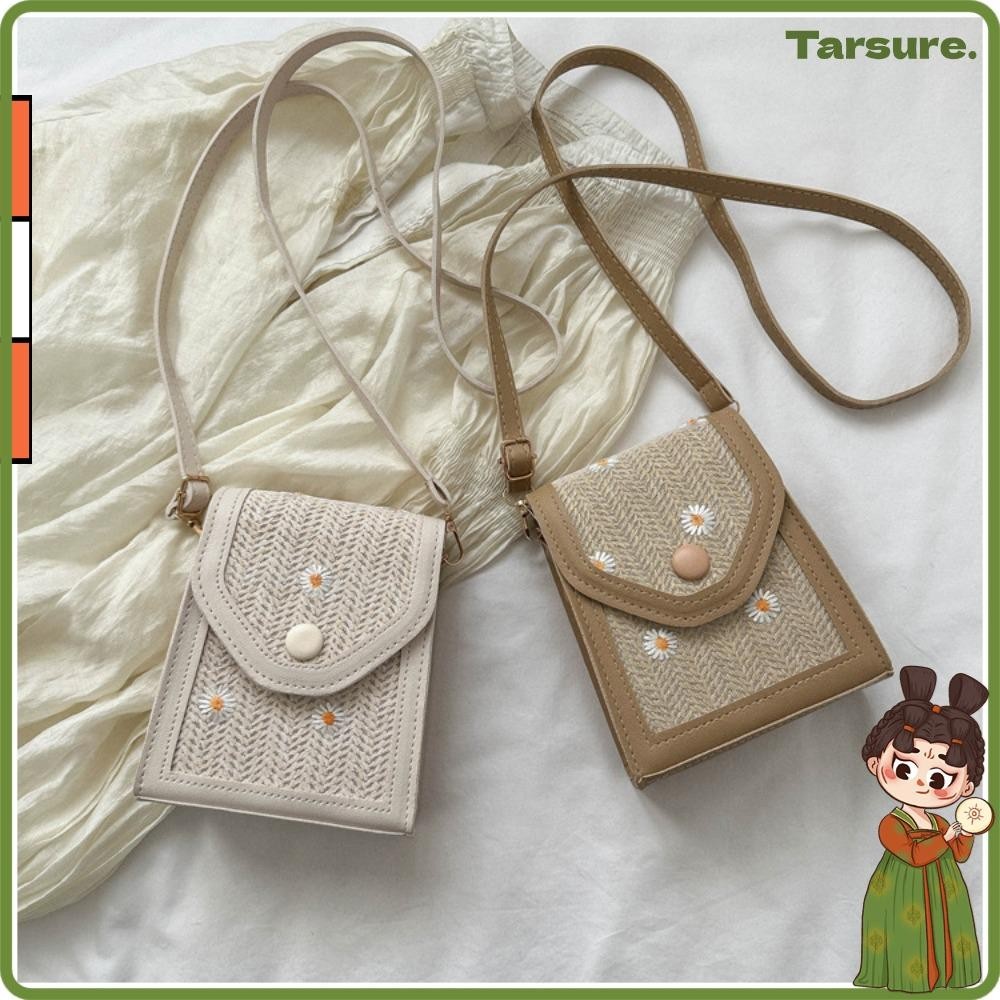 Tarsureth Straw Plaited Phone Bag, Little Daisy Straw Embroidery Bag, Fashion Dacron Phone Pouch